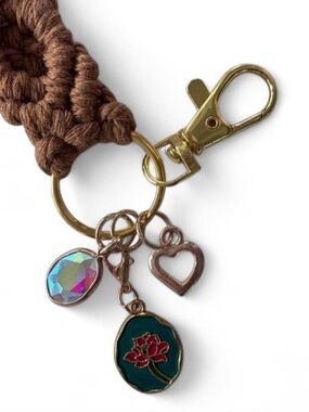 Boho Macrame Keychain Bag Charm Brown Lotus Flower Enamel Heart Gem